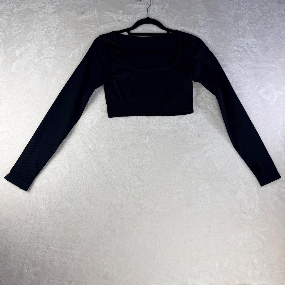 OQQ Ribbed Crop Top Womens L Black Long Sleeve Square Neck Thumbhole Pilates